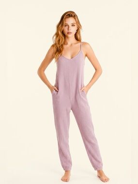 Shinestar Womens Medium M Jumpsuit Pink Spaghetti Straps Pockets Gauzy‎ V Neck
